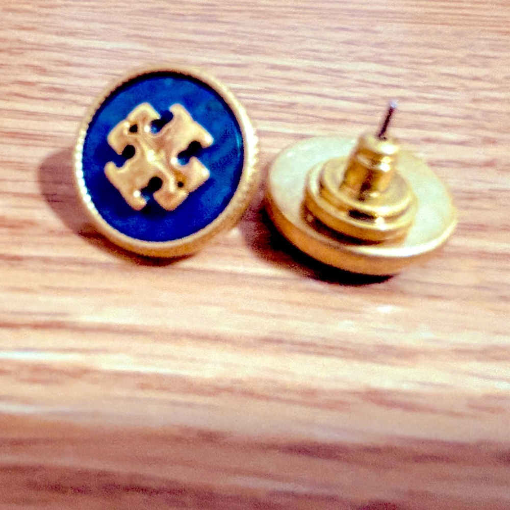 Tory Burch semiprecious lapis blue round button stud logo earrings - Picture 5 of 10